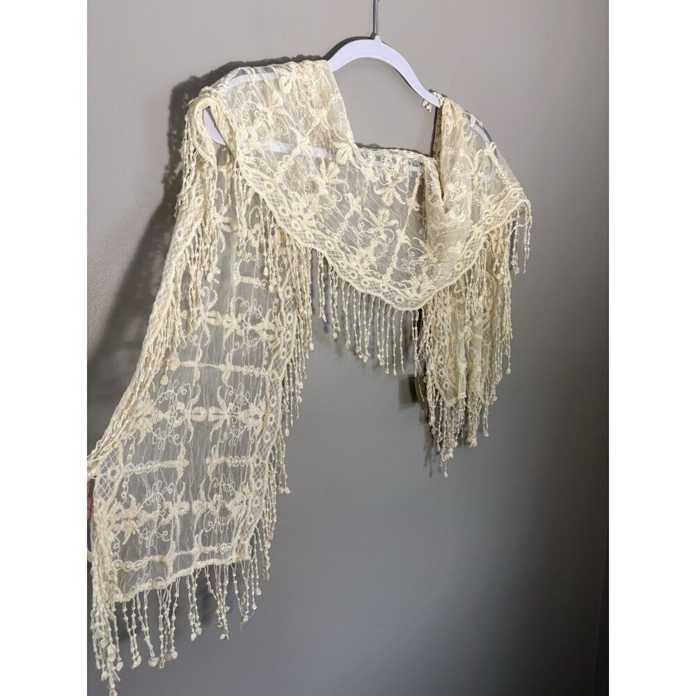 NWT Chico's Linny Lace Skinny Oblong Scarf Ecru Fringe Cream Boho Cottage Chic